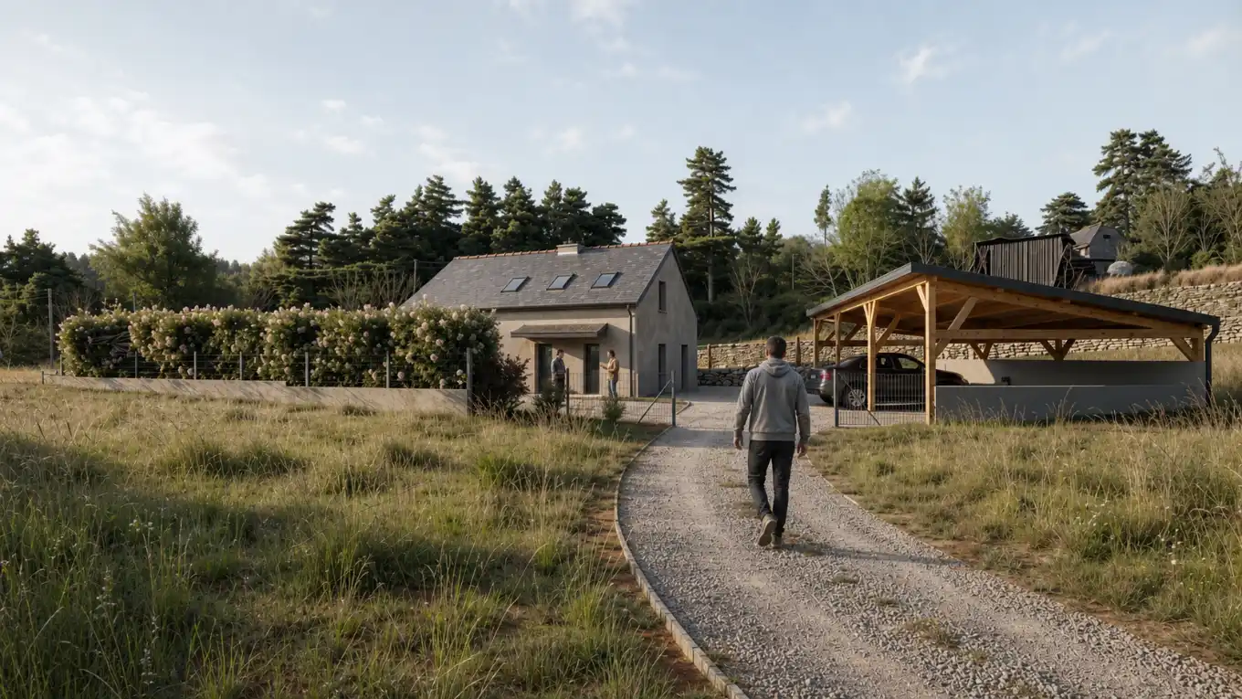 Vue extérieure d'une maison individuelle rénovée avec un préau en charpente bois et un chemin gravillonné à Peyre en Aubrac conçue par l'Atelier Té
