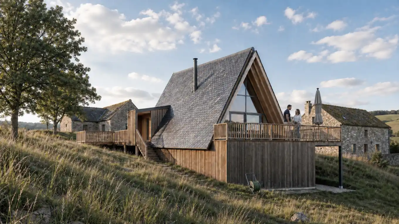 Maison neuve en A à ossature bois avec terrasse panoramique conçue par l'Atelier Té à La Fage-Montivernoux en Lozère