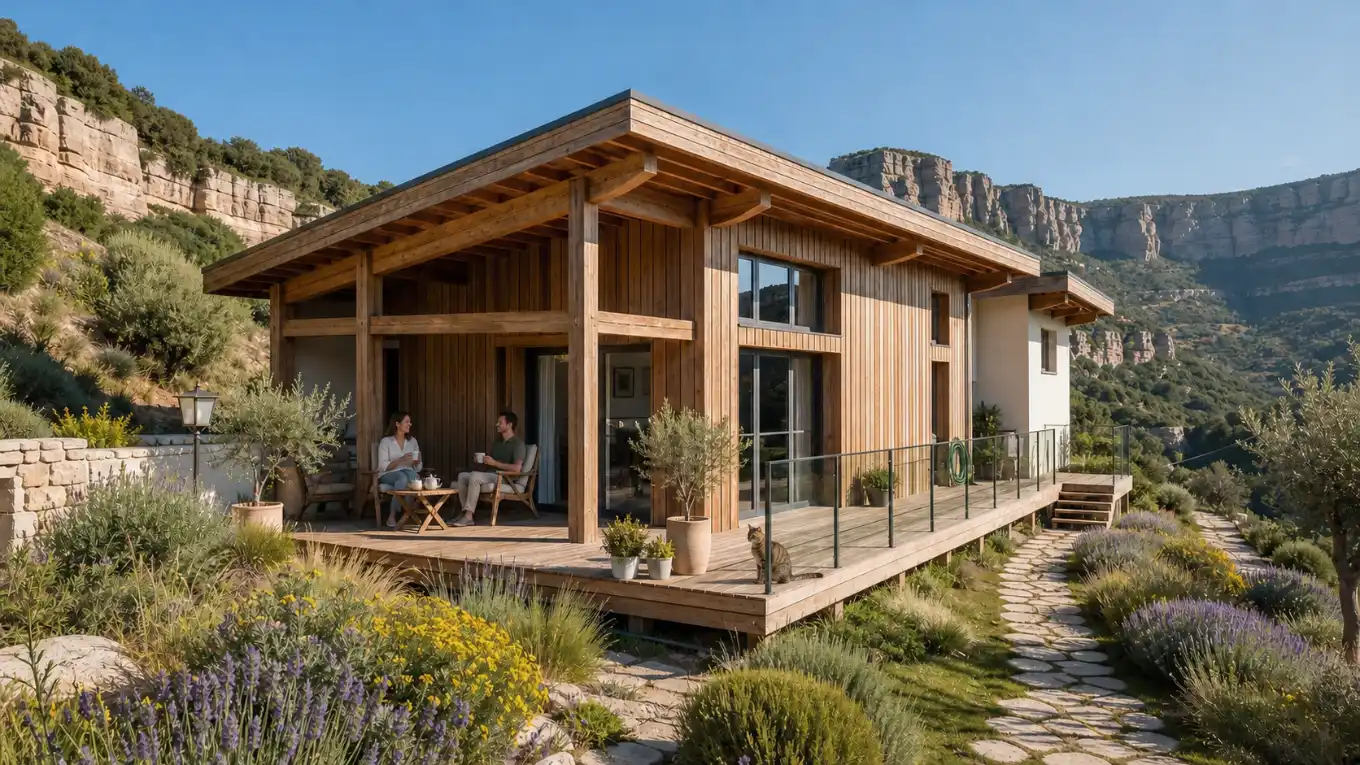 Maison neuve écoresponsable à ossature bois avec terrasse couverte face aux falaises du Massegros Causses Gorges conçue par l'Atelier Té