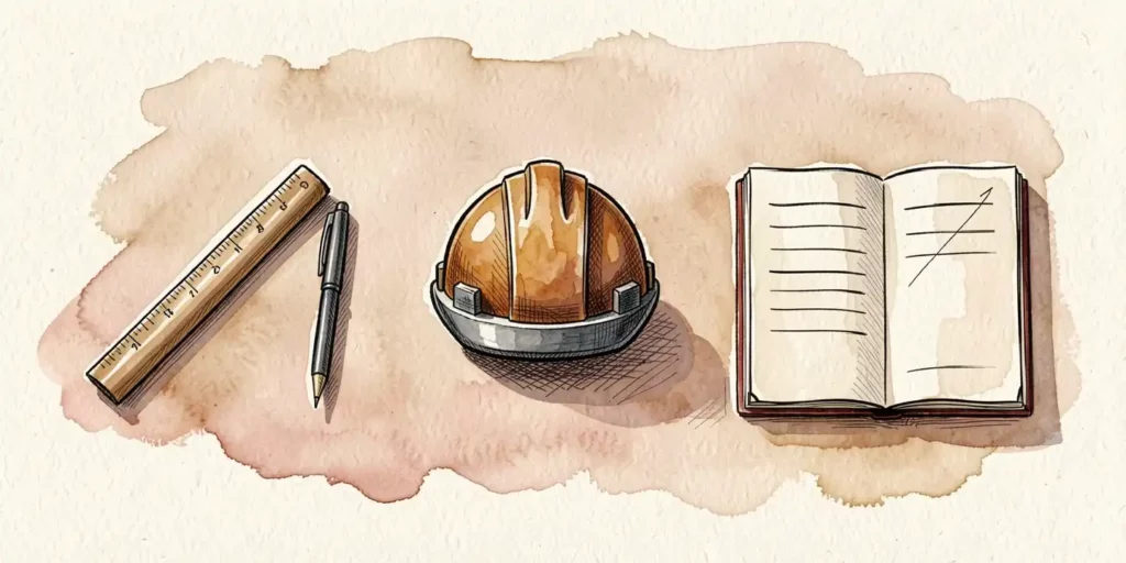 Illustration des outils de l'architecte pour l'article sur son rôle : règle, stylo, casque de chantier et carnet ouvert