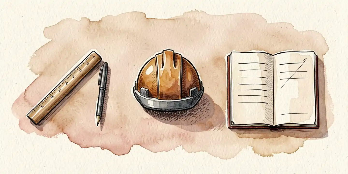 Illustration des outils de l'architecte pour l'article sur son rôle : règle, stylo, casque de chantier et carnet ouvert