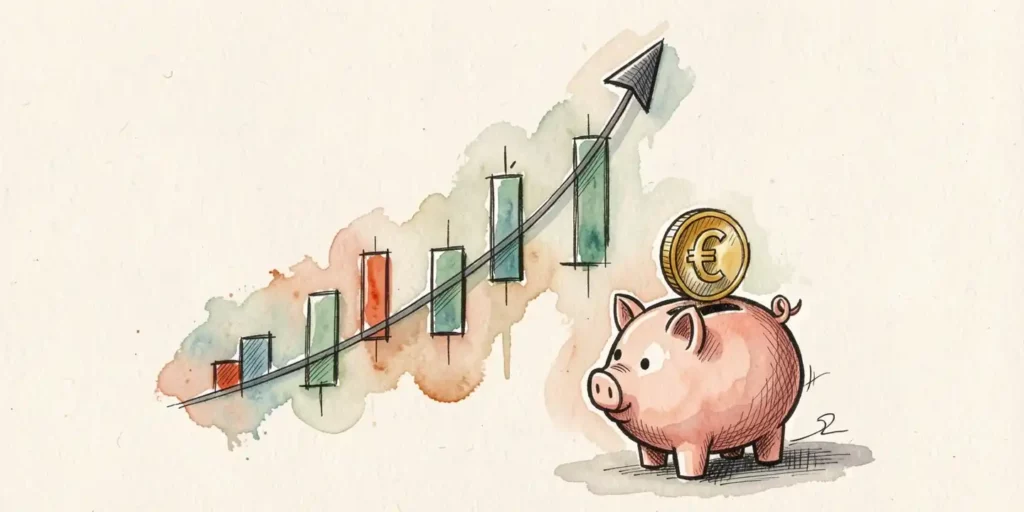 Illustration à l'aquarelle d'une tirelire cochon et d'un graphique financier en hausse, évoquant la rémunération de l'architecte comme un investissement rentable