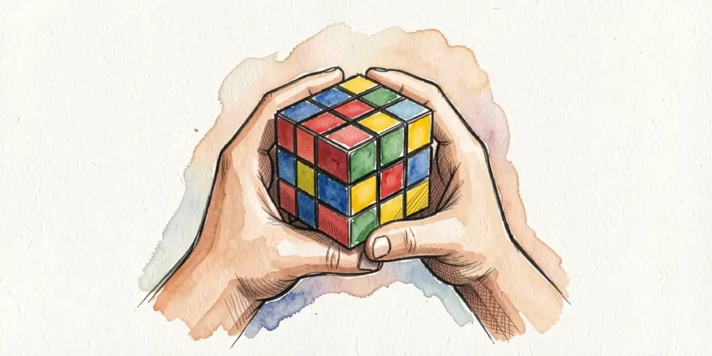 Illustration à l'aquarelle de deux mains résolvant un Rubik's cube, symbolisant la résolution de problèmes et les étapes d'un projet architectural