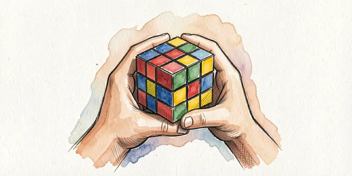 Illustration à l'aquarelle de deux mains résolvant un Rubik's cube, symbolisant la résolution de problèmes et les étapes d'un projet architectural