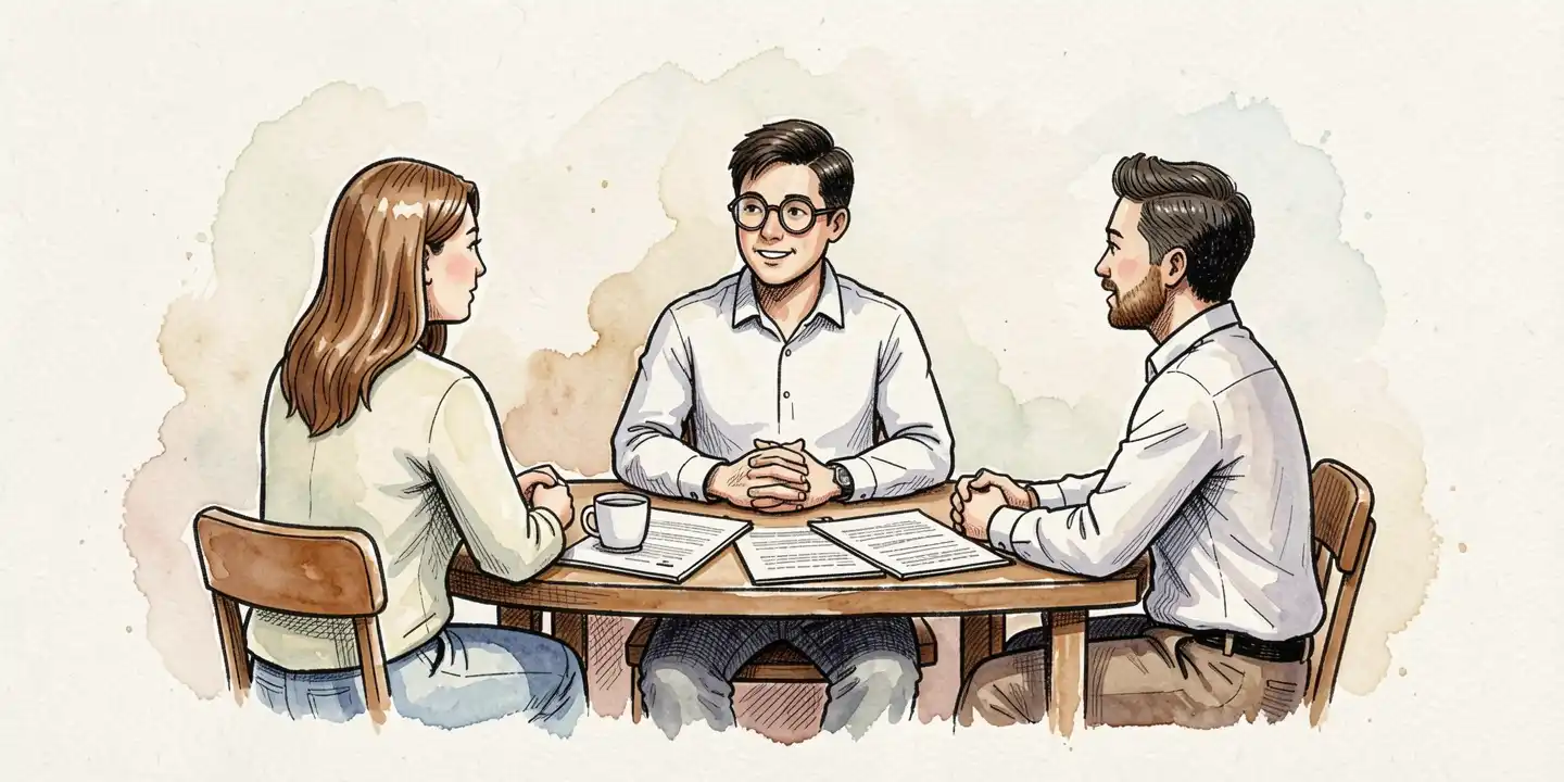 Illustration à l'aquarelle d'un premier rendez-vous entre un architecte et un couple de clients échangeant autour d'une table avec des documents de projet